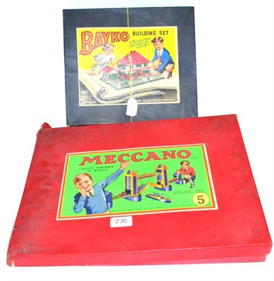 Lot 236 - Meccano Set No 5 red/green, part loose in box (G box G-F) and a Bayko No.1 Set (boxed) (2)