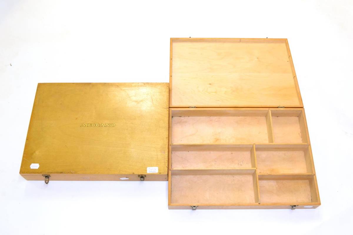 Lot 241 - Meccano Two Original 1950's Wooden Storage Boxes one with red decal to lid, the other with gold...