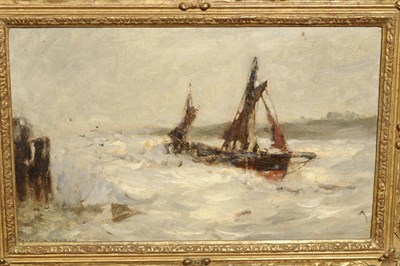 Lot 1056 - Frank Henry Algernon Mason R.I., R.B.A. (1876-1965) Fishing Boats in a Rough Sea off a...