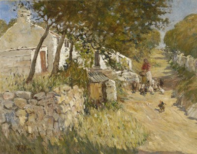 Lot 1057 - James William Booth R.Cam.A. (1867-1953) Village Lane with a Girl Feeding Chickens Signed, oil...