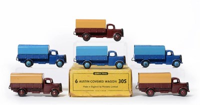 Lot 267 - Dinky 30s Austin Covered Wagon Trade Box containing three blue/blue and three maroon/fawn...