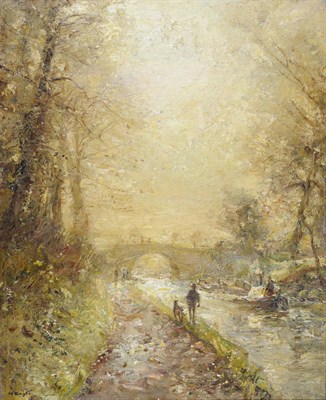 Lot 1062 - Herbert Royle (1870-1958) "Llanoffen Canal", figure and dog on a towpath with other figures and...