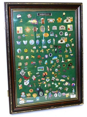 Lot 315 - Collection Of Pin Badges including superheroes, commemorative and other, in glazed cabinet