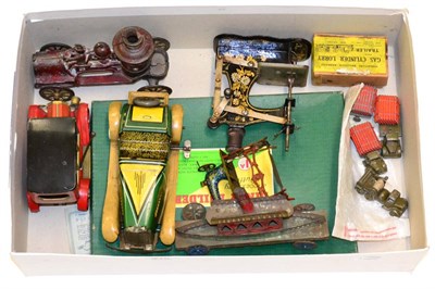 Lot 318 - Mixed Toys, comprising a cast iron fire engine, a Mettoy tinplate open sports car, a tinplate boat