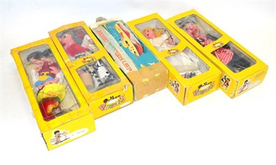 Lot 322 - Pelham Puppets In Window Boxes Pinocchio, Witch, Old Lady and Fairy (all G boxes F) together with a