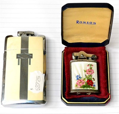 Lot 28 - Ronson Two Lighters (i) Larger example with Art Deco design, chrome/cream case with cigarette...