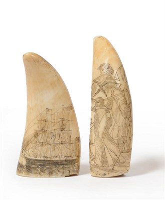 Lot 1082 - A Scrimshaw Sperm Whale Tooth, signed E Hope, 19th century, depicting a sailor, full length holding