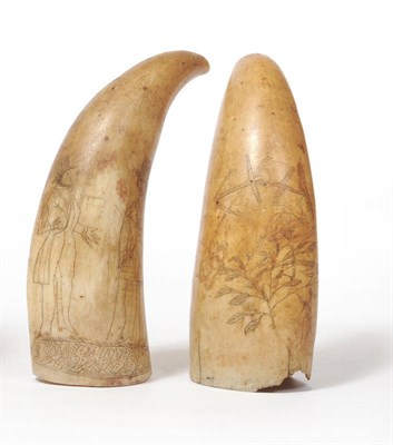 Lot 1083 - Two Similar Scrimshaw Sperm Whale Teeth, 19th century, one incised with two gentlemen standing...