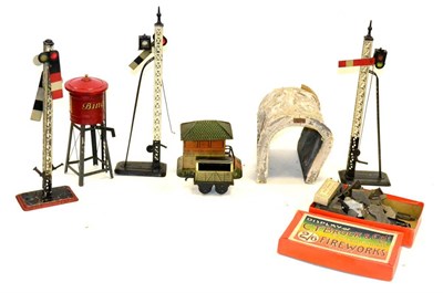 Lot 181 - Bing Line Side Accessories  including three large signals, water tower, single cabin and a...