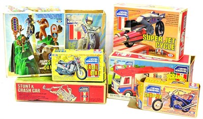 Lot 232 - Ideal Evel Knievel Items Escape from Skull Canyon, Scramble Van, Chopper, Trail Bike, Stunt...