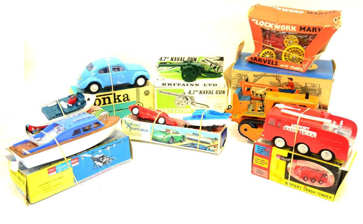 Lot 240 - Various Plastic And Tin Toys including Telsalda Airport Crash Tender (E box G) Dolphin Cruiser...