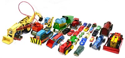 Lot 242 - Various Tinplate Tractors And Earthmoving Toys including Ford 4000 with shovel and excavator...