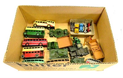 Lot 279 - Dinky Buses And Military Models including an early post-way double deck bus with AEC grill,...