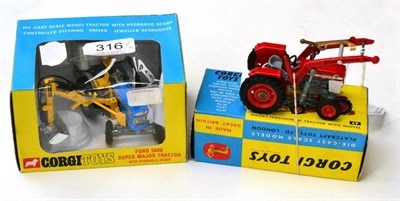 Lot 316 - Corgi Two Tractors 74 Ford 5000 Super Major with hydraulic scoop (E box E-G, cellophane...