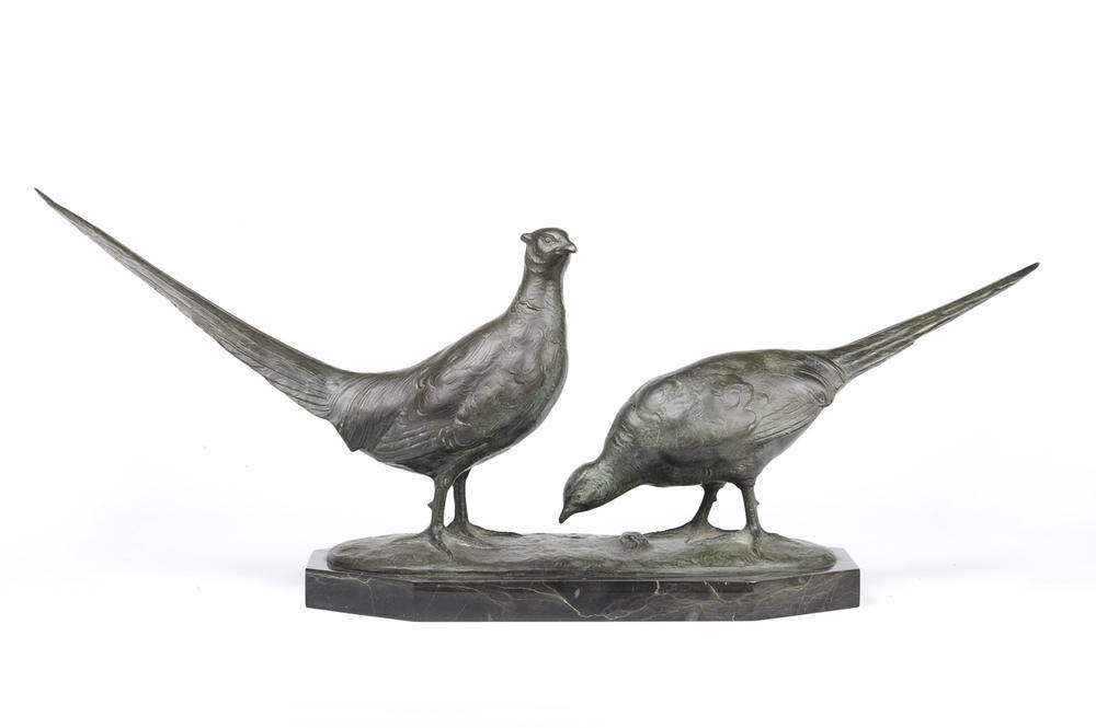 Lot 1100 - Prof Otto Poertzel (1876-1963): A Bronze Group of a Cock and Hen Pheasants, signed Prof...