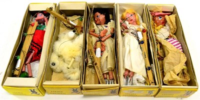 Lot 363 - Pelham Puppets Five Puppets Ballet Dancer, SS Gypsy, Mitzi (in correct boxes) Fairy and Poodle...