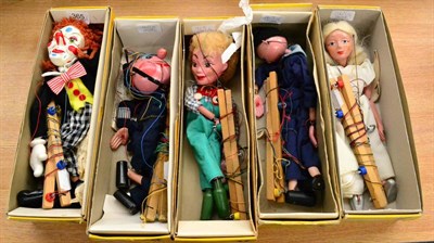 Lot 365 - Pelham Puppets Five Puppets Bimbo the Clown, SL Fairy, Policeman (wrong box) Yanni and Sailor (both