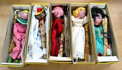 Lot 367 - Pelham Puppets Five Puppets Fairy, Mitzi, Clown (correct box) Devil and SM Girl (correct box)...