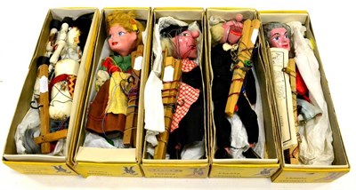 Lot 368 - Pelham Puppets Five Puppets Horse, SM Witch (in correct boxes) Cinderella, Schoolmaster and Old...