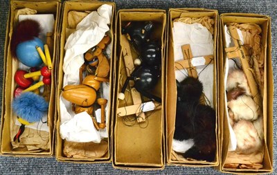 Lot 373 - Pelham Puppets Five Puppets In Plain Card Boxes Poodle (black), another (cream) Ostrich, Cat...