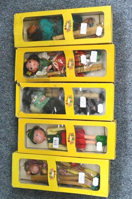 Lot 374 - Pelham Puppets Five Puppets In Window Boxes Tyrolean Boy, Gypsy, Indian, Wicked Witch (in...