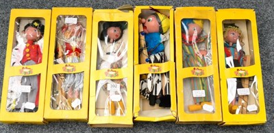 Lot 392 - Pelham Puppets Six Puppets In Window Boxes Clown, Fritzi, Swedish Boy, Mitzi, Old Lady, Dutch...