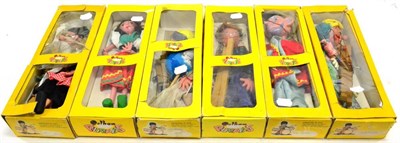 Lot 393 - Pelham Puppets Six Puppets In Window Boxes Cowboy, Gypsy, Witch, Old Lady, Wizard (in correct...