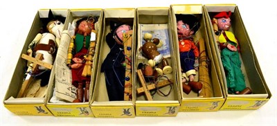 Lot 403 - Pelham Puppets Six Puppets SM Policeman, Bengo, Horse, SS Cowboy (in correct boxes) Boy and Cowgirl