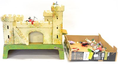 Lot 425 - Tri-ang (?) Wooden Fort with four towers, metal gun turrets with firing mechanism and fitted...