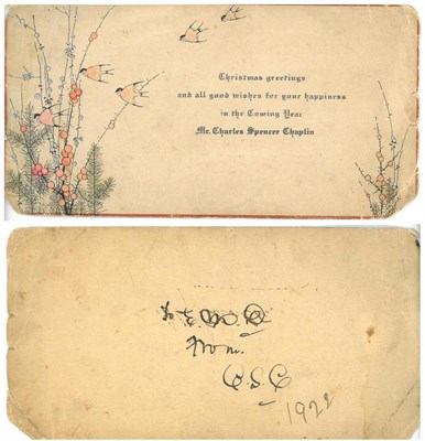 Lot 1005 - Christmas Greeting Card From Charlie Chaplin initialled verso 'CSC', a Charlie Chaplin comic...