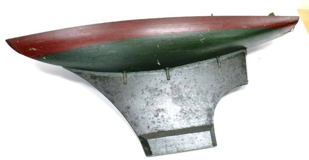 Lot 1036 - Pond Yacht Hull with a few deck fitting and large steel weighted keel, painted red/green,...