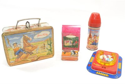 Lot 1170 - Gene Autry Melody Ranch Lunch Box with flask (G-F) Roy Rogers and Trigger Savings Bank (G-E)...