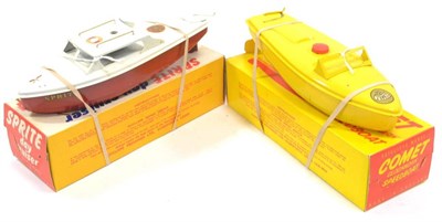 Lot 1175 - Sutcliffe Two Clockwork Speedboats Sprite red/cream and Comet yellow (both G boxes G-E) (2)