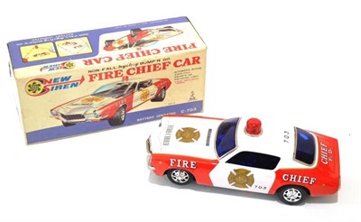 Lot 1176 - Taiyo (Japan) Battery Operated Mystery Action Fire Chief Car white/red with red roof light...