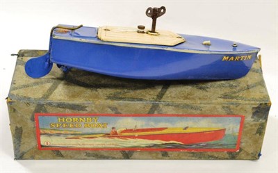 Lot 1182 - Hornby Speedboat No.1 Martin blue hull and deck with cream motor cover (G, decal worn, box F-G with