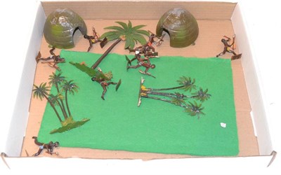 Lot 1316 - Britains Zulu Kraal Set consisting of two huts, eight figure running and three trees (generally...