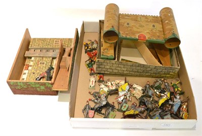 Lot 1321 - Burnett Tinplate Castle incomplete, together with a wooden fort and assorted knights (some mounted)