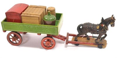 Lot 1323 - Elastolin Horse And Cart  with composition horse on four wheel base, and wooden cart with four...