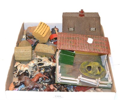 Lot 1324 - Elastolin Two Farmyard Buildings a further farm building and a quantity of assorted figures and...