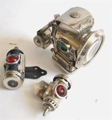 Lot 15 - Lucas (Birmingham) Silver King Bicycle Headlamp and two side lights (all G-E) (3)