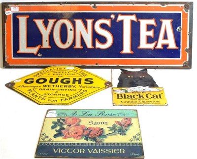 Lot 20 - Enamel Adverting Signs: Lyons Tea mounted on wooden board 35x12";, Goghs Plants for Farmers...