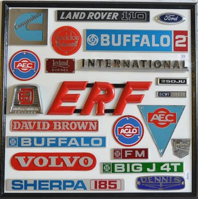 Lot 39 - Commercial Vehicle Badges A Framed Display including Dennis, Sherpa 185, Volvo (repainted), AEC...