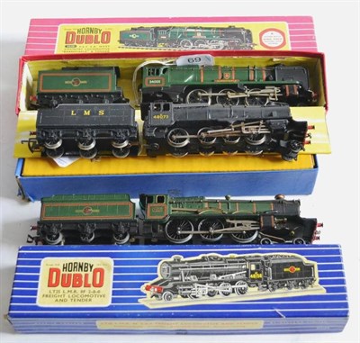 Lot 69 - Hornby Dublo 2-Rail Three Locomotives 2235 Barnstable BR 34005 (E-G box G-E) 2224 2-8-0 8F LMS...