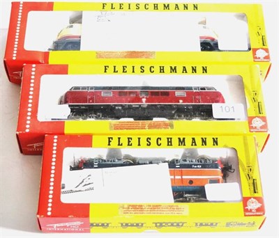 Lot 101 - Fleischmann HO Gauge 2-Rail Three Locomotives 4235 DB 221161, maroon, 4366 Rc2 Twin Pantograph,...