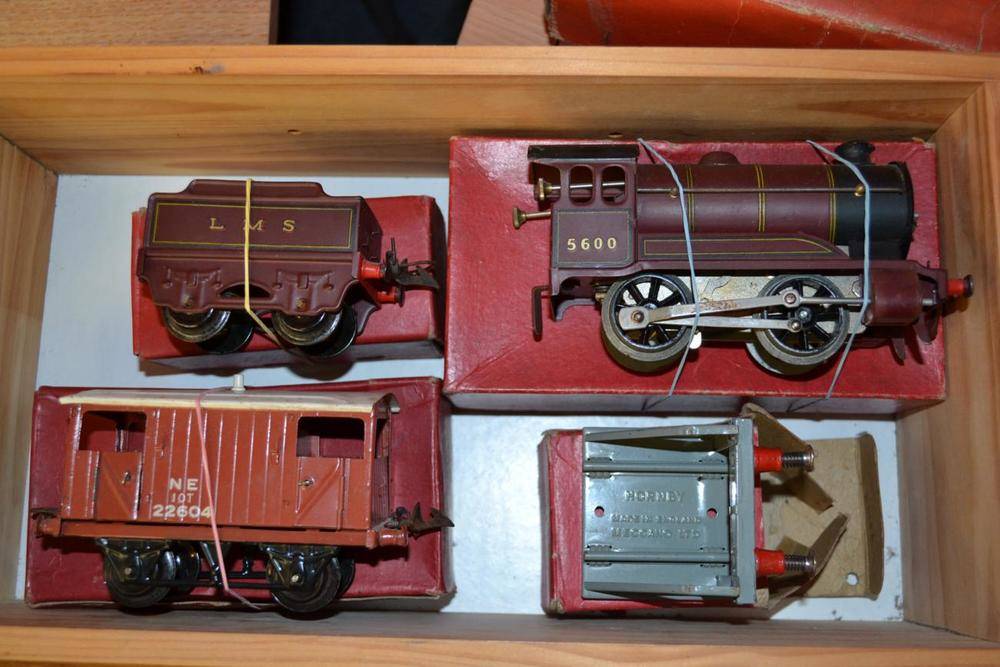 Lot 126 - Hornby O-Gauge No.501 0-4-0 Locomotive LMS 5600, maroon and NE goods brake van and a buffer...