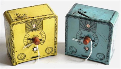 Lot 155 - Made In Germany A Pair Of Tinplate Money Boxes in the form of two wireless receivers with faux dial