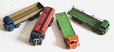 Lot 199 - Dinky 2nd Type Fodens Regent tanker, wagon blue/fawn, chain lorry green and flat orange/green...