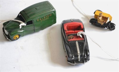 Lot 207 - Dinky Austin Van Raleigh (E) AA Motorcycle and sidecar (G-E) and Austin Atlantic (G-E) (3)