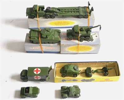 Lot 218 - Dinky Military 660 Tank transporter, 651 Centurion tank and 661 Recovery tractor 697 25-pounder...