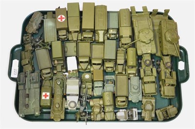 Lot 223 - Dinky Military Vehicles including two Centurion tank and tank transporter pairs, Daimler ambulance